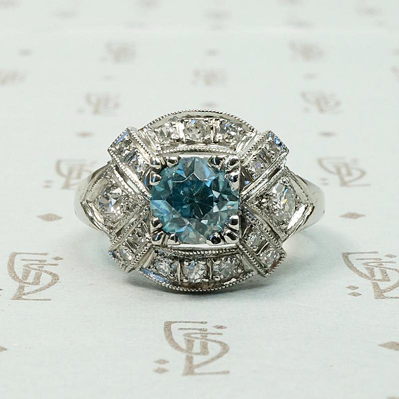 Icy Natural Blue Zircon & Diamond Palladium Ring