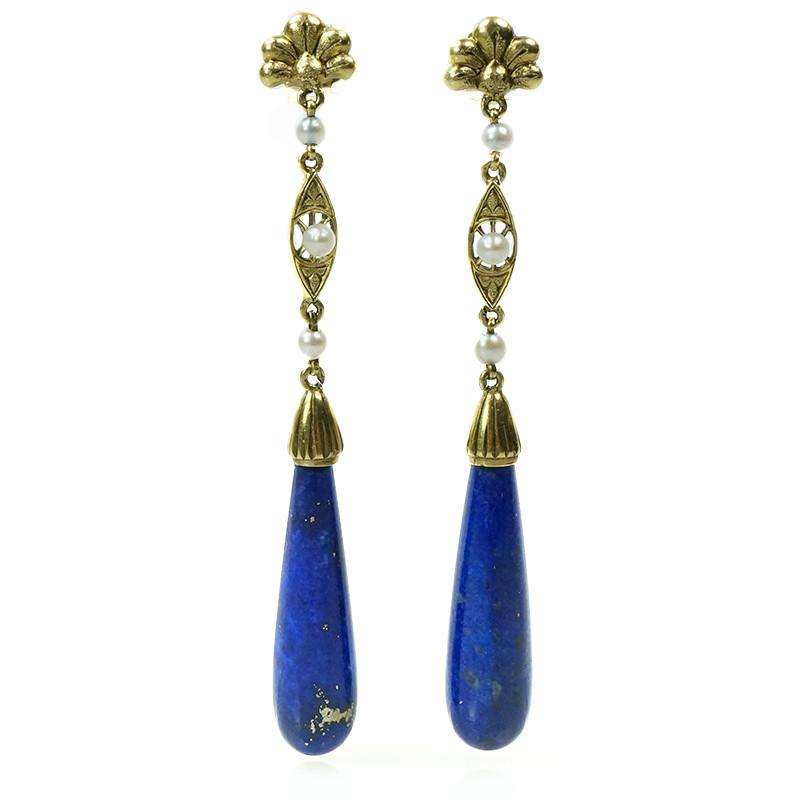 Arts and Crafts era Earrings set with pearls and Lapis in 14k Yellow Gold