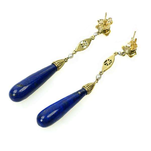 Arts and Crafts era Earrings set with pearls and Lapis in 14k Yellow Gold