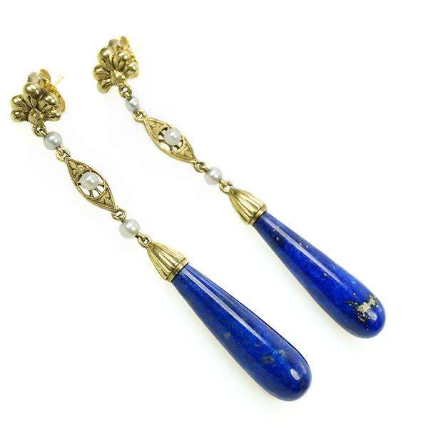 Arts and Crafts era Earrings set with pearls and Lapis in 14k Yellow Gold