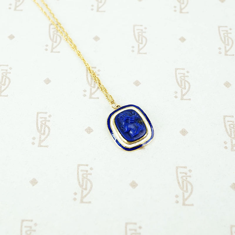lapis cameo gold enamel necklace