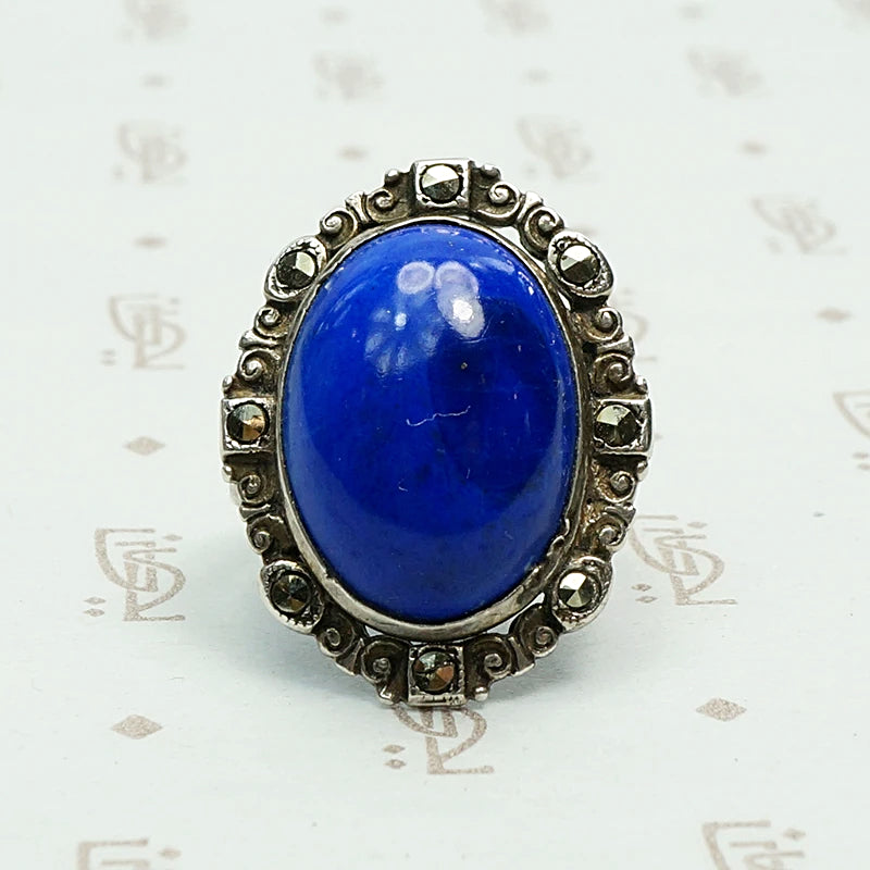 Stunning Blue Lapis and Marcasite Statement Ring
