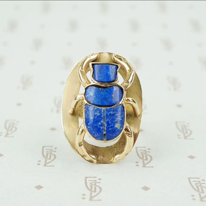 Stunning Vintage Gold Egyptian Lapis Scarab Ring