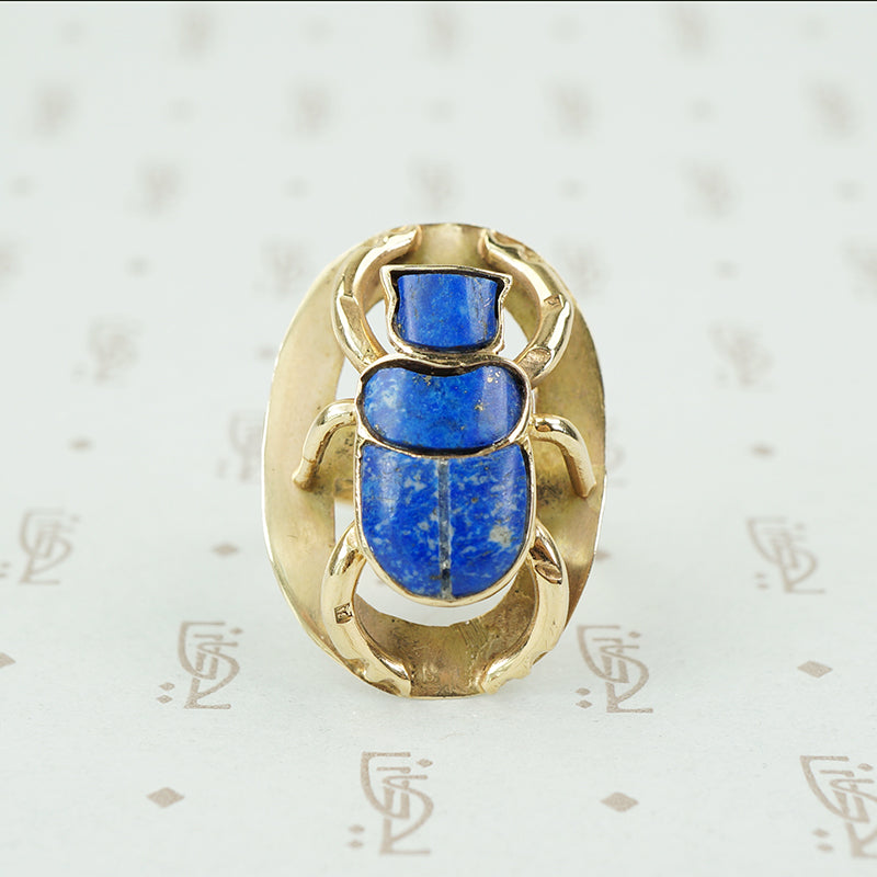 Stunning Vintage Gold Egyptian Lapis Scarab Ring