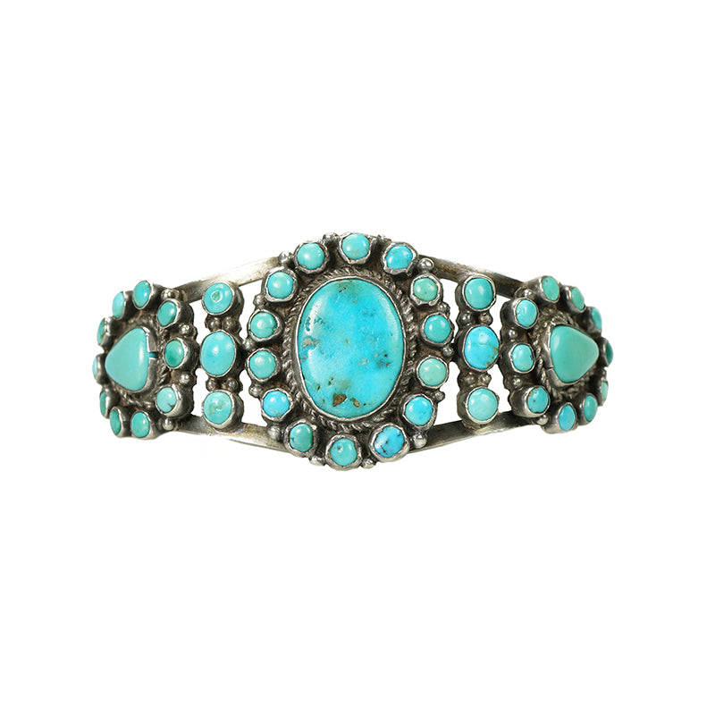 Native American Coin Silver Turquoise Cuff - Gem Set Love