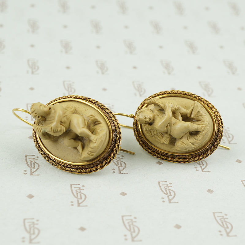 Antique Carved Lava Earrings with Cherubs