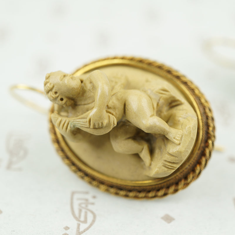 Antique Carved Lava Earrings with Cherubs