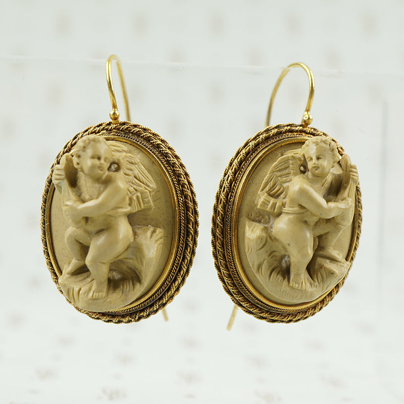 Antique Carved Lava Earrings with Cherubs