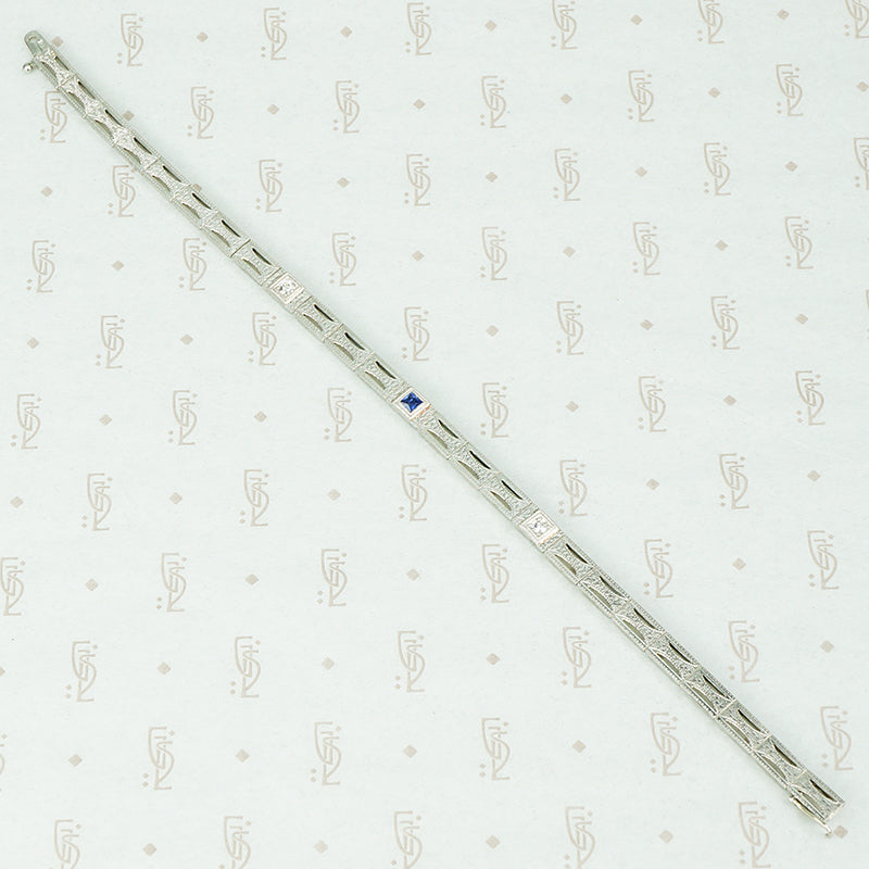 1920's white gold sapphire and diamond engraved line bracelet