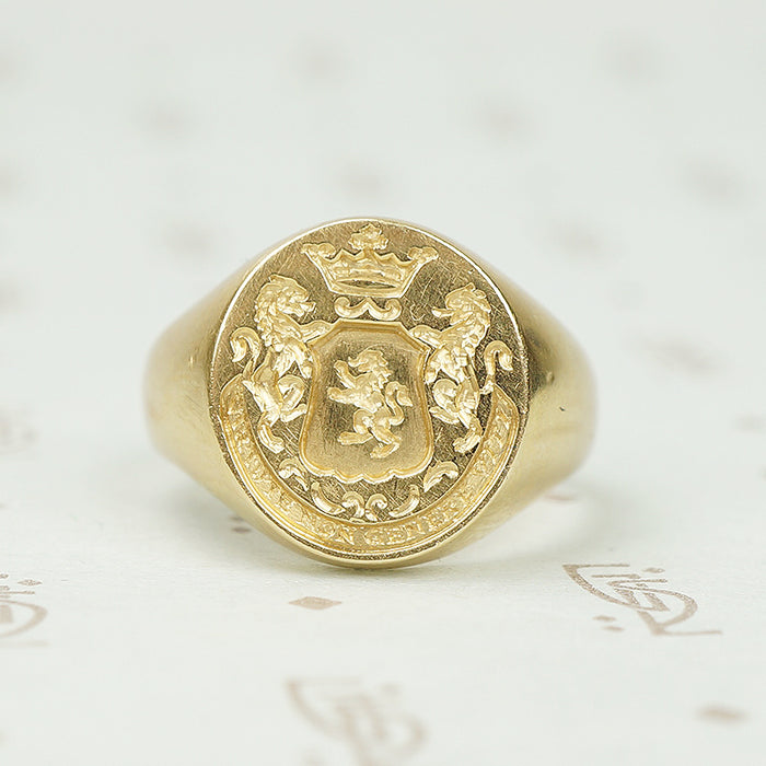 Heavy Gold Signet Ring Lion Passant Crowned