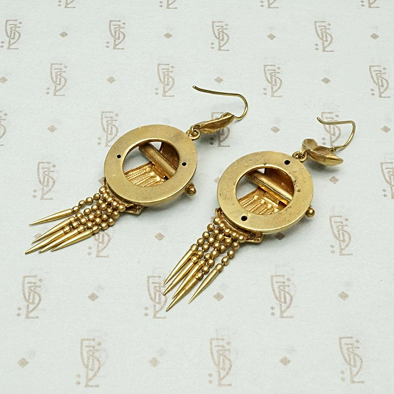 Spiked Fringe Golden Victorian Earrings, back view