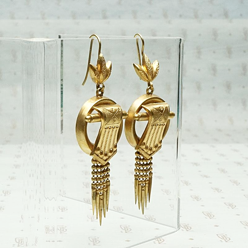 Spiked Fringe Golden Victorian Earrings, side view.