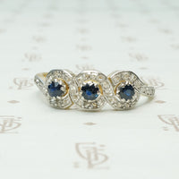 triple infinity sapphire and rose cut diamonf ring