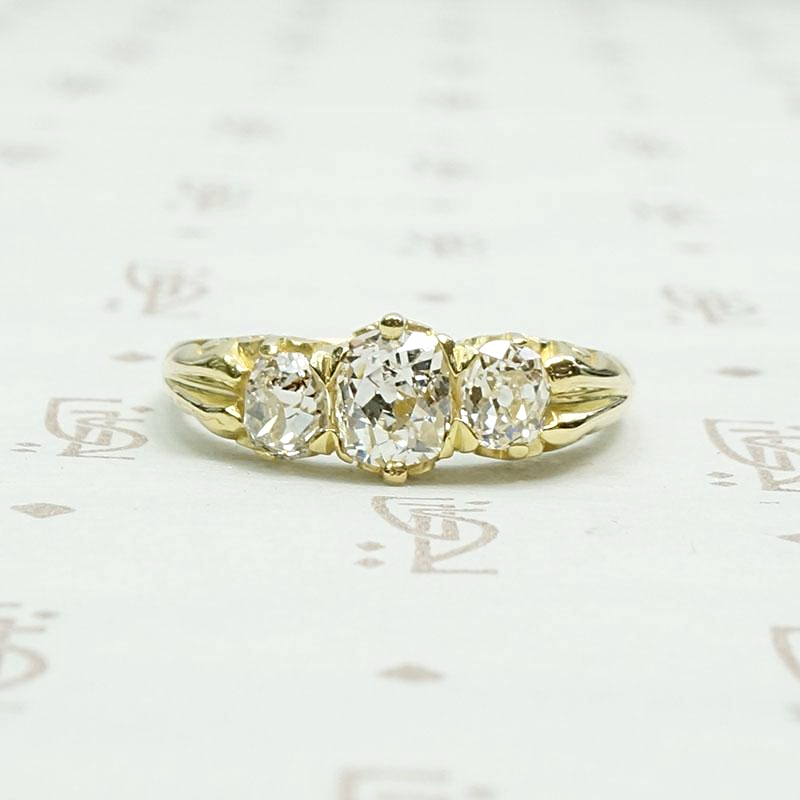 English Three Stone Ring with Old Mine Diamonds