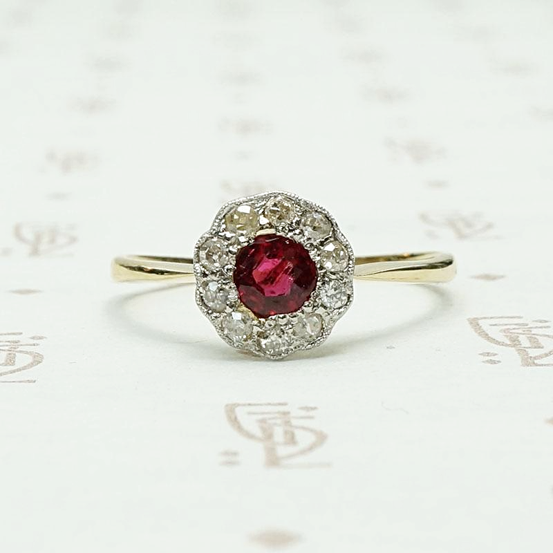 Deep Red Ruby & Diamond Halo Ring 