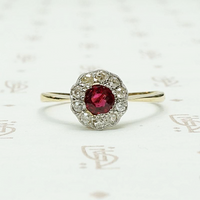 Deep Red Ruby & Diamond Halo Ring 