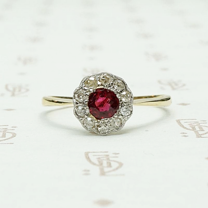 Deep Red Ruby & Diamond Halo Ring 