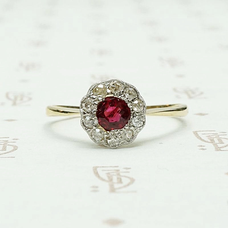 Deep Red Ruby & Diamond Halo Ring 