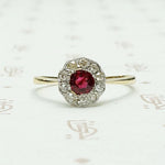 Deep Red Ruby & Diamond Halo Ring 