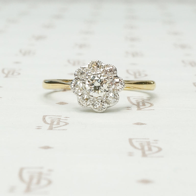 vintage oec diamond flower ring in platinum and 18k yellow gold