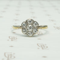 chunky old mine cut diamond flower platinum and 18k yellow gold ring