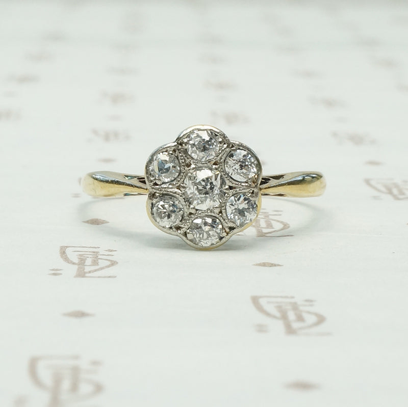 chunky old mine cut diamond flower platinum and 18k yellow gold ring