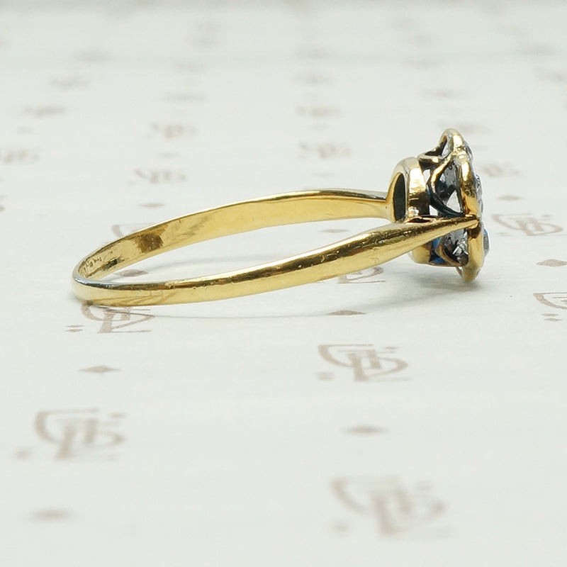 chunky old mine cut diamond flower platinum and 18k yellow gold ring