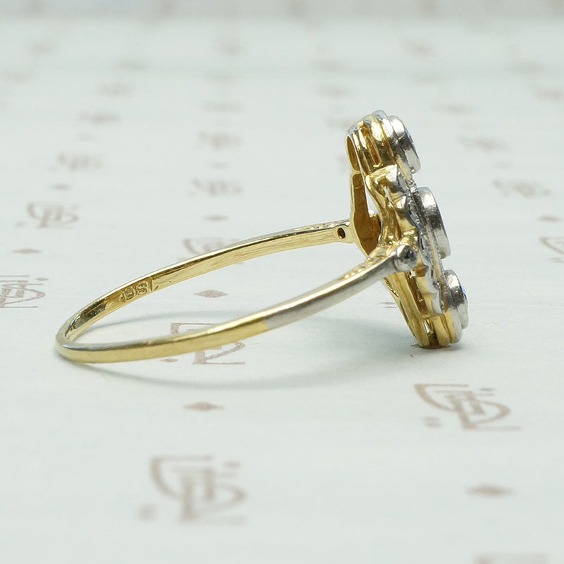 edwardian 3 diamond bezel set platinum on 18k marquis shaped ring