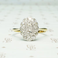 large oval halo of diamonds in platinum surround 2 diamonds at the center atop an 18k yellow gold setting