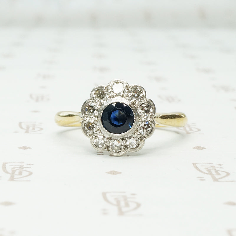 Deep Blue Sapphire and Diamond Flower Ring