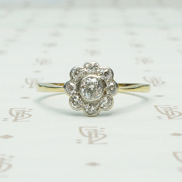 Old euro diamond set darling daisy halo ring in platinum on 18k yellow gold
