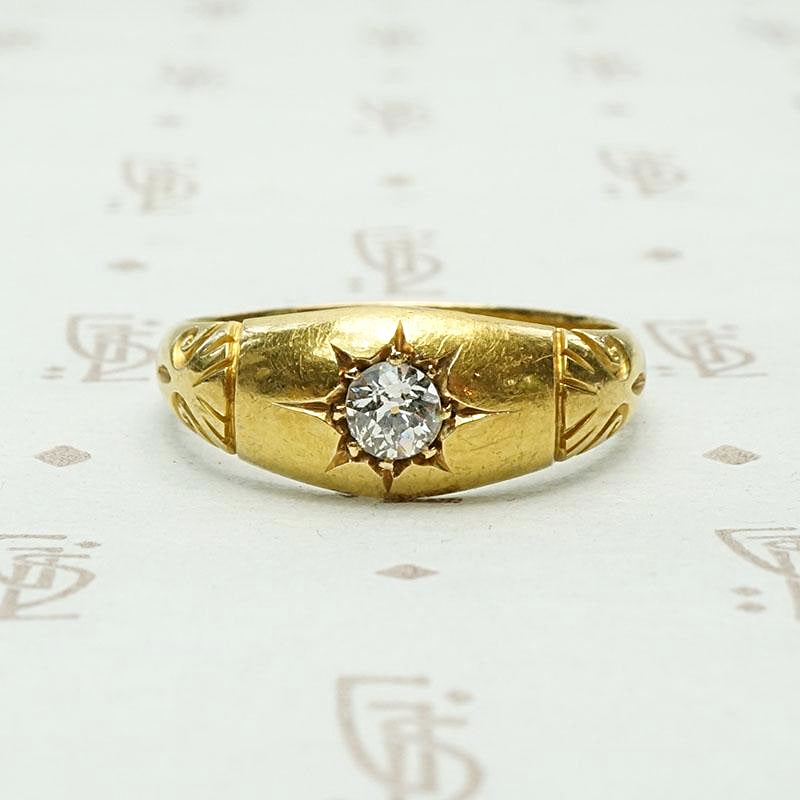 Carved English Gold Band with Old European Cut Diamond