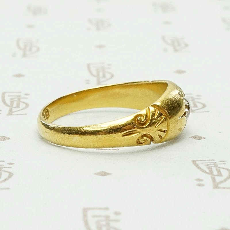 Carved English Gold Band with Old European Cut Diamond