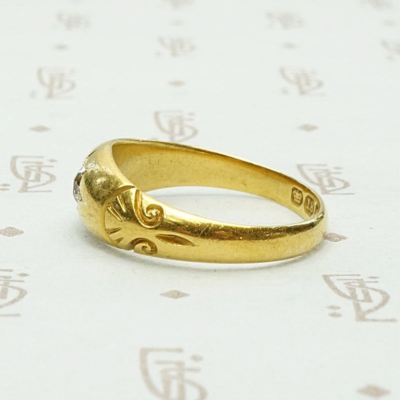 Carved English Gold Band with Old European Cut Diamond