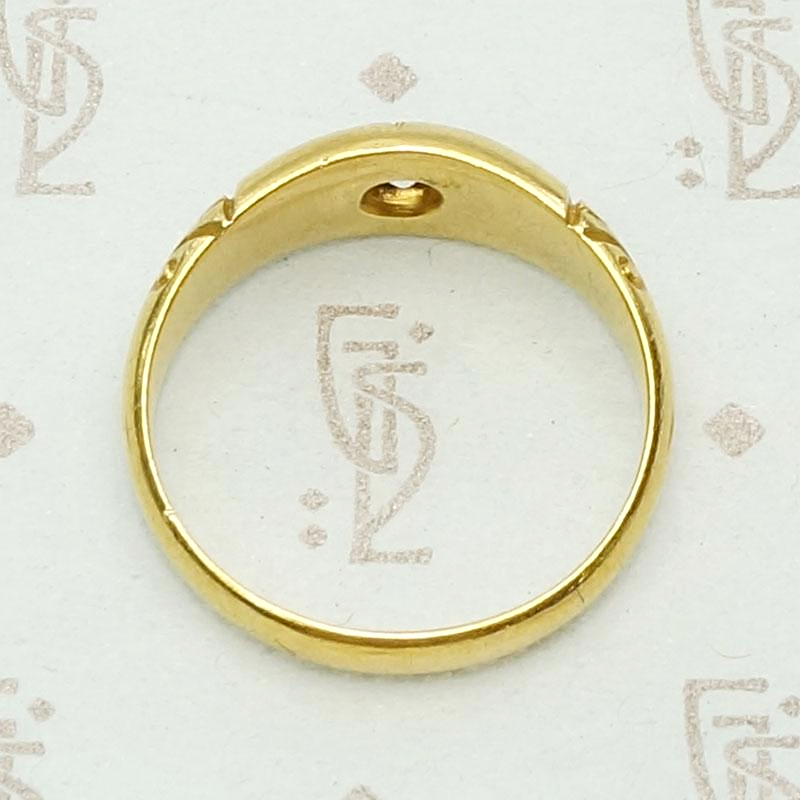 Carved English Gold Band with Old European Cut Diamond