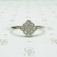 3 x 3 a 9 diamond scalloped edge square on point platinum on 18k yellow gold ring