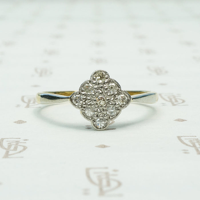 3 x 3 a 9 diamond scalloped edge square on point platinum on 18k yellow gold ring