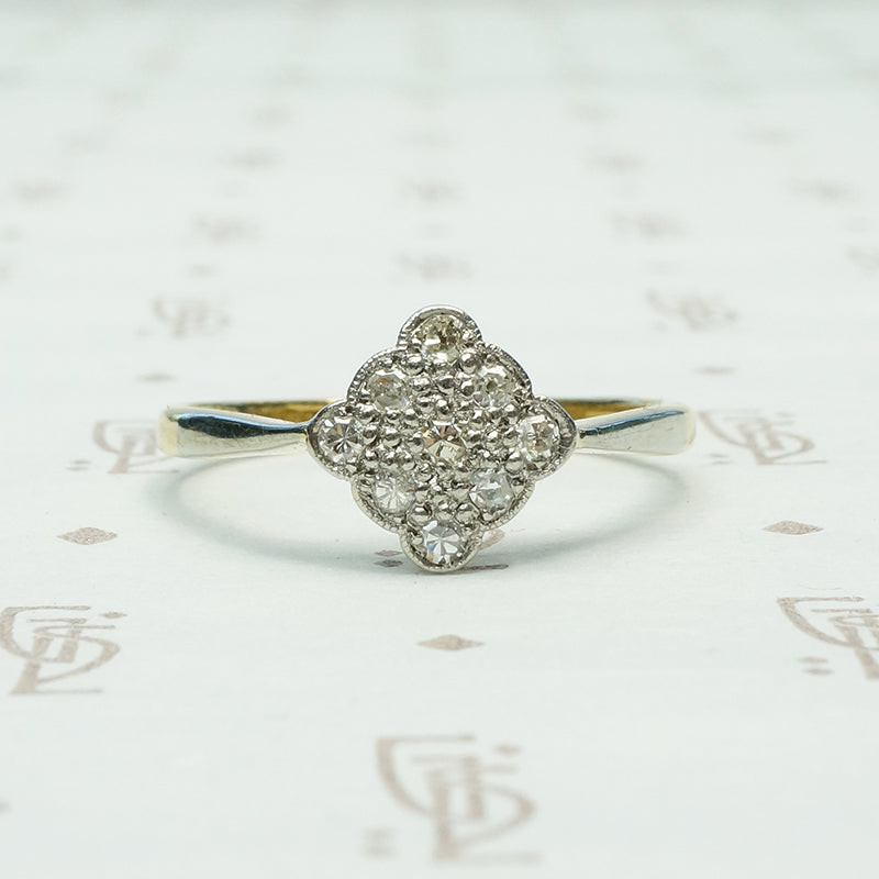 3 x 3 a 9 diamond scalloped edge square on point platinum on 18k yellow gold ring