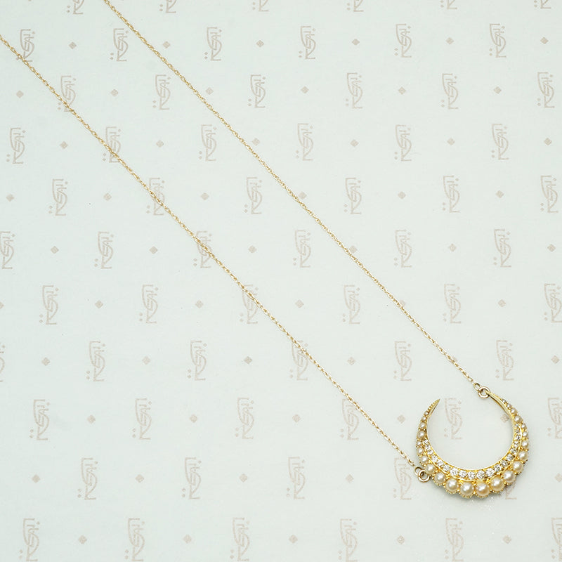 omc diamond and pearl 15k yellow gold waning crescent moon pendant
