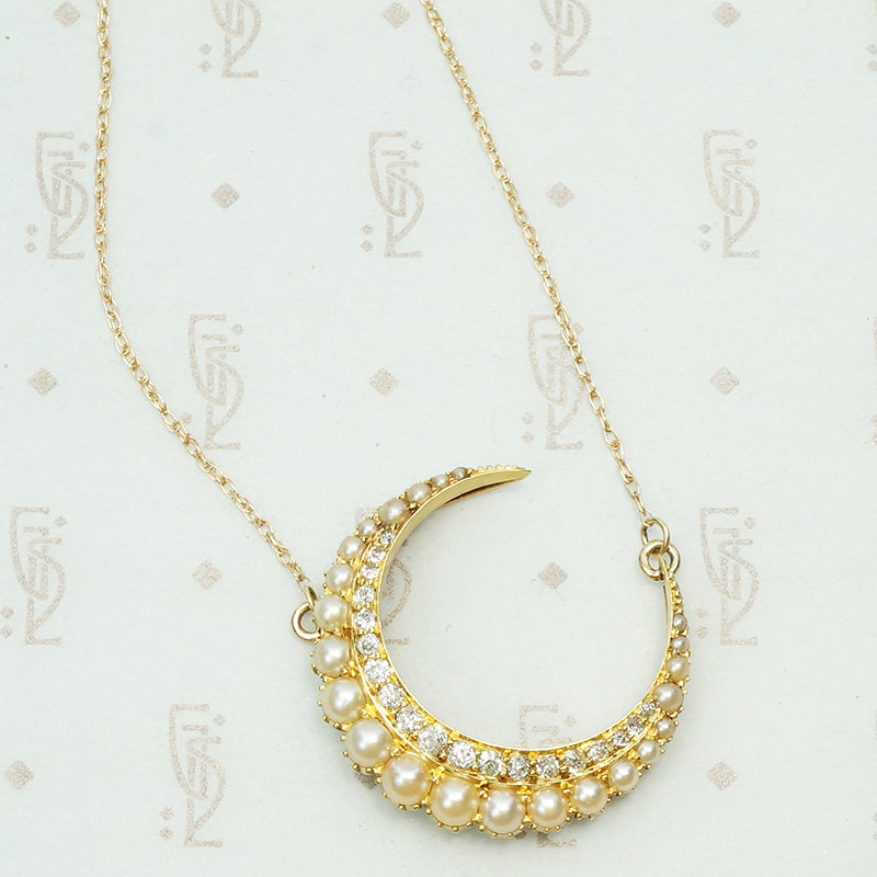 19th Century Diamond and Pearl Crescent Moon Necklace