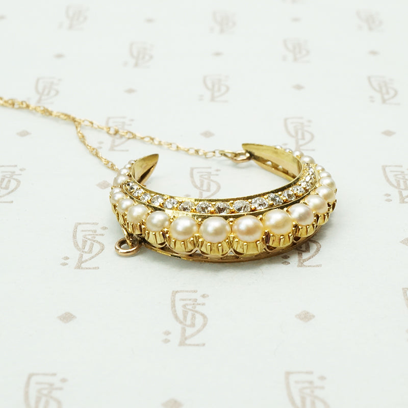 19th Century Diamond and Pearl Crescent Moon Necklace