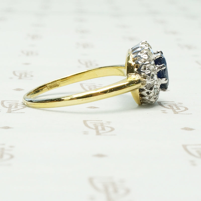 Vintage 18k and Platinum Sapphire OMC Diamond Halo Ring