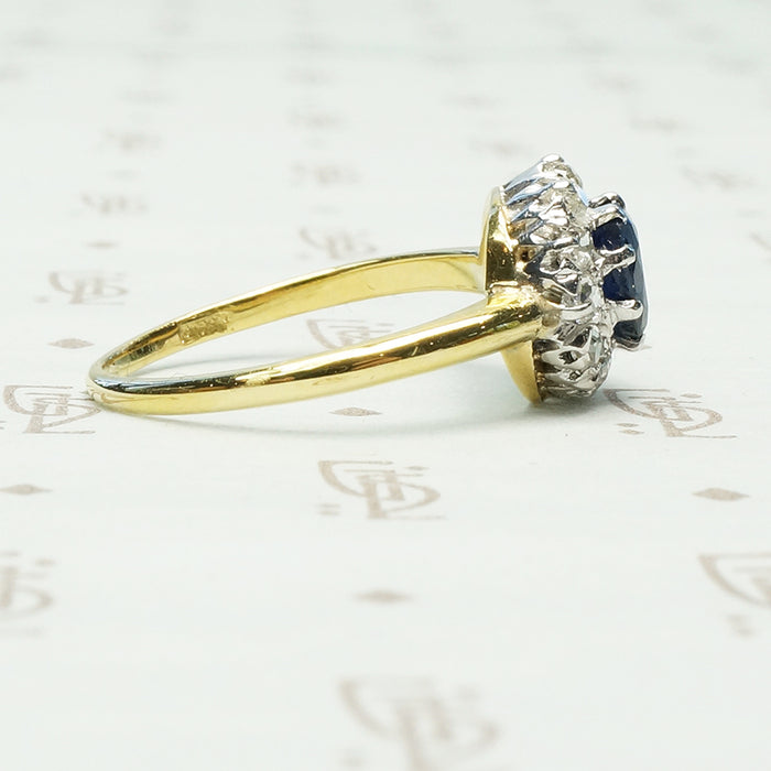 Vintage 18k and Platinum Sapphire OMC Diamond Halo Ring