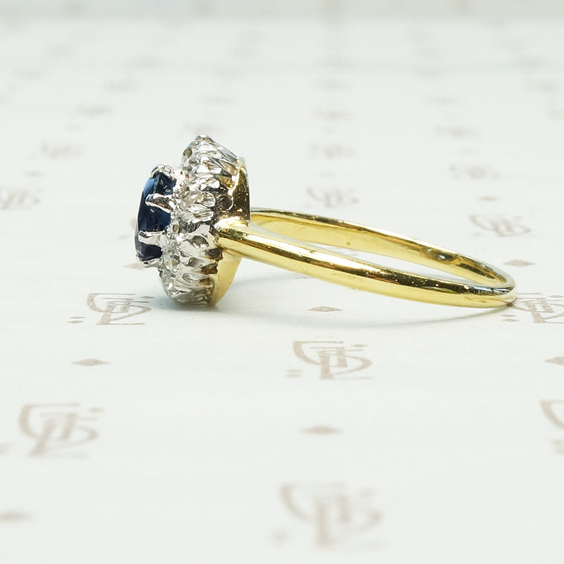 Vintage 18k and Platinum Sapphire OMC Diamond Halo Ring