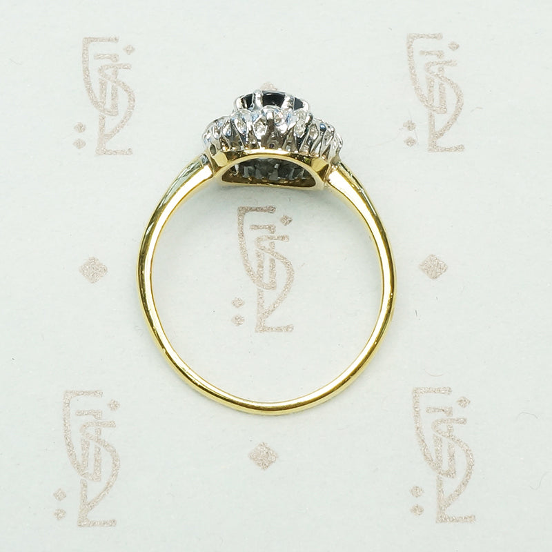 Vintage 18k and Platinum Sapphire OMC Diamond Halo Ring