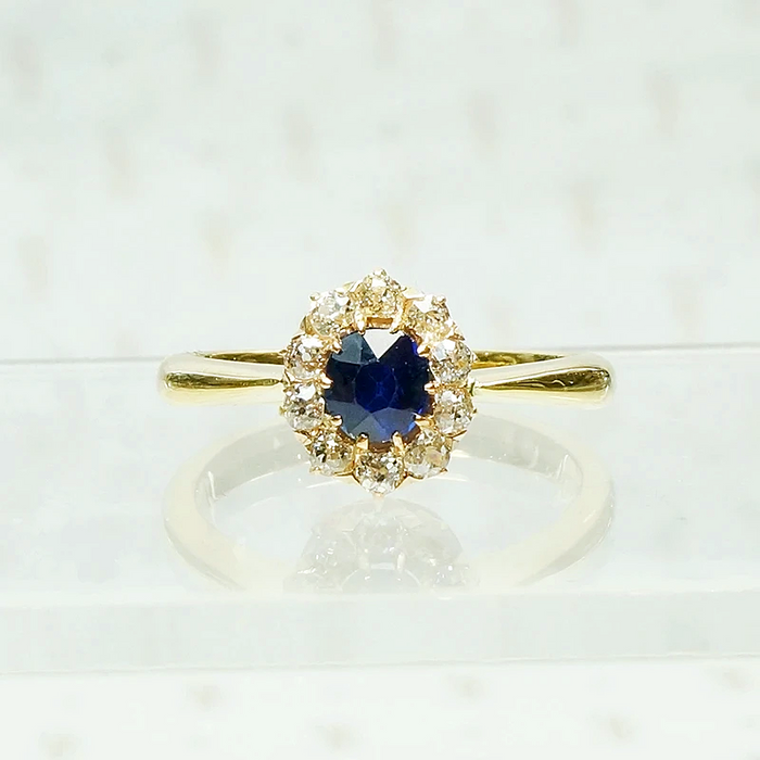 sapphire and diamond halo in 18k yellow gols circa 1950