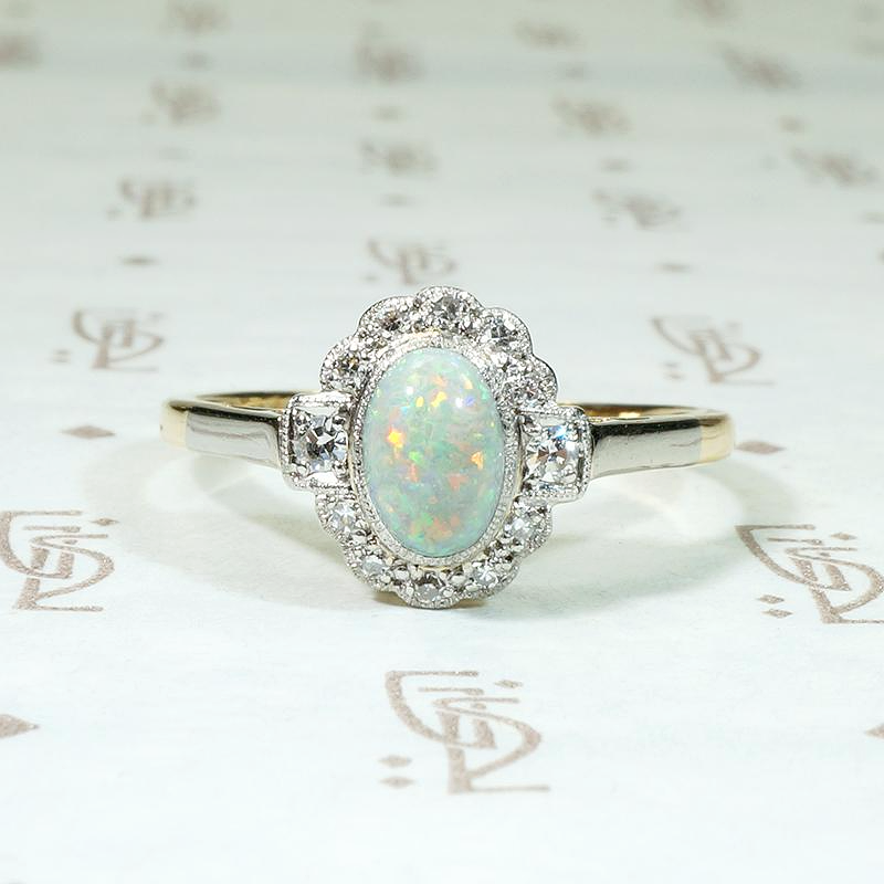 Flashing Opal & Diamond Halo Ring in Platinum & 18ct Gold