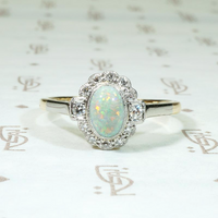 Flashing Opal & Diamond Halo Ring in Platinum & 18ct Gold