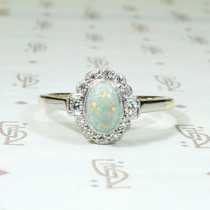 Flashing Opal & Diamond Halo Ring in Platinum & 18ct Gold