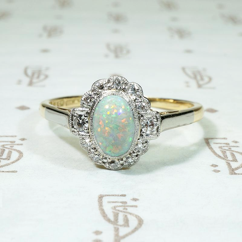Flashing Opal & Diamond Halo Ring in Platinum & 18ct Gold